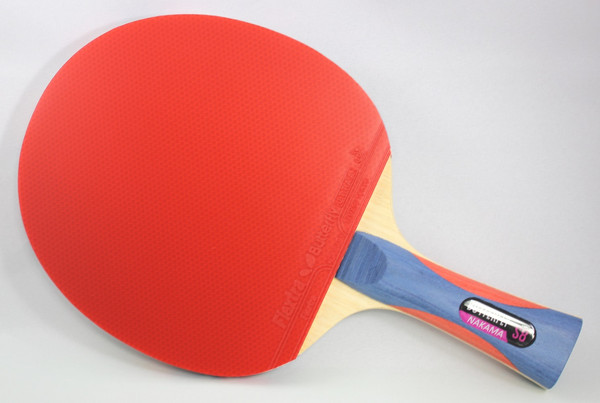 Butterfly Nakama S-8 Racket: Diagonal View of Red Rubber
